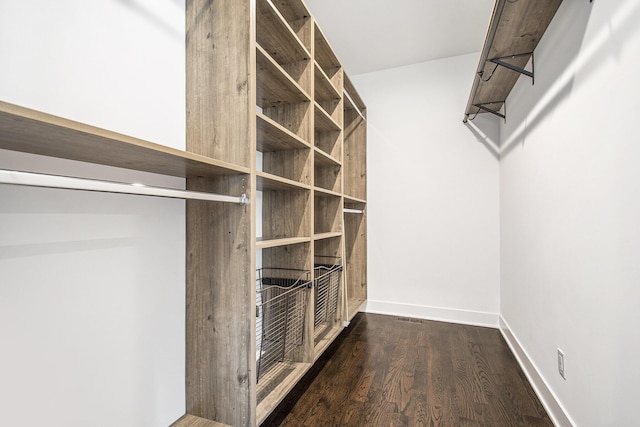 walk in closet with dark hardwood / wood-style flooring