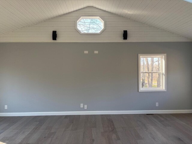 spare room with dark hardwood / wood-style floors, a healthy amount of sunlight, wooden ceiling, and vaulted ceiling