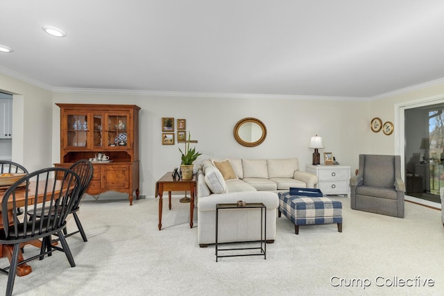 living room with light carpet and crown molding