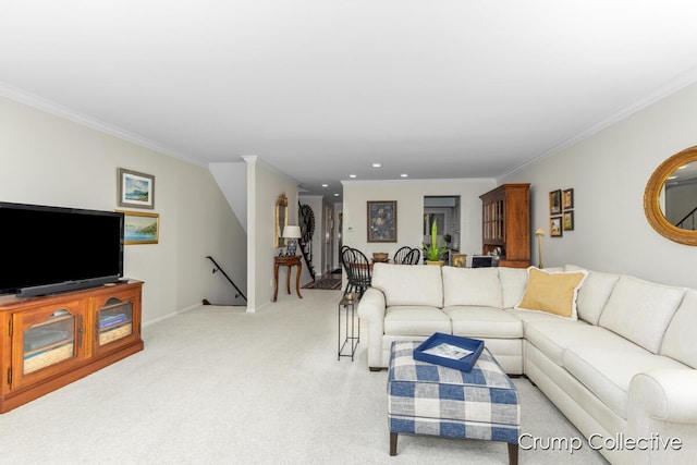 living room with crown molding and light colored carpet