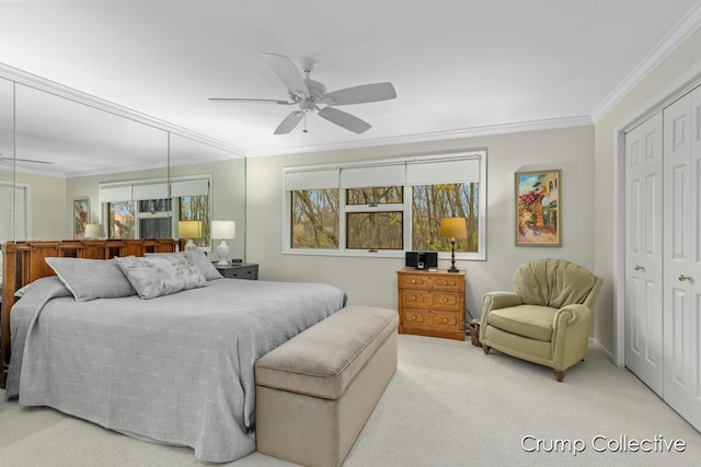 bedroom featuring ceiling fan, light carpet, and ornamental molding