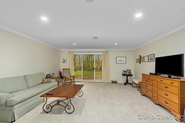 carpeted living room featuring ornamental molding