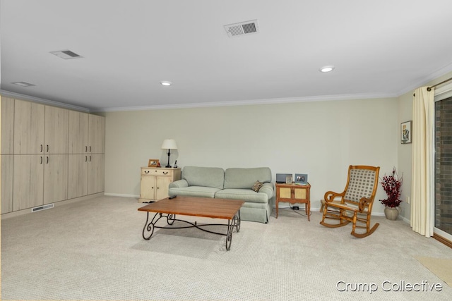 carpeted living room featuring crown molding