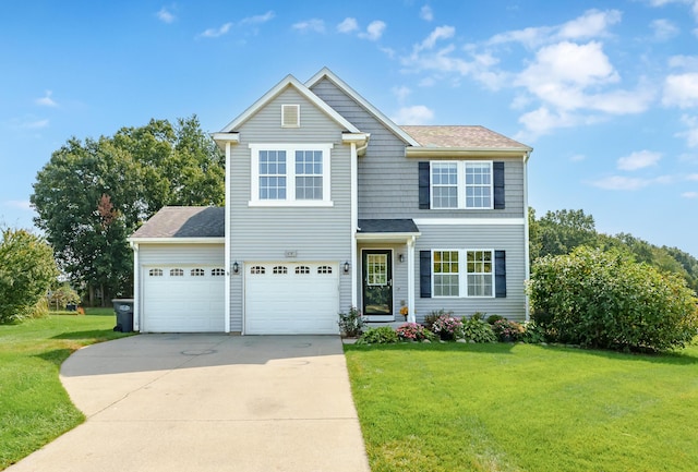 view of front of house with a front lawn and a garage