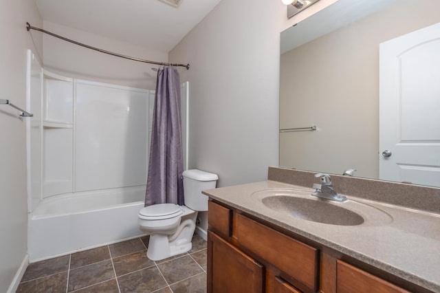 full bathroom with tile patterned floors, vanity, toilet, and shower / bathtub combination with curtain