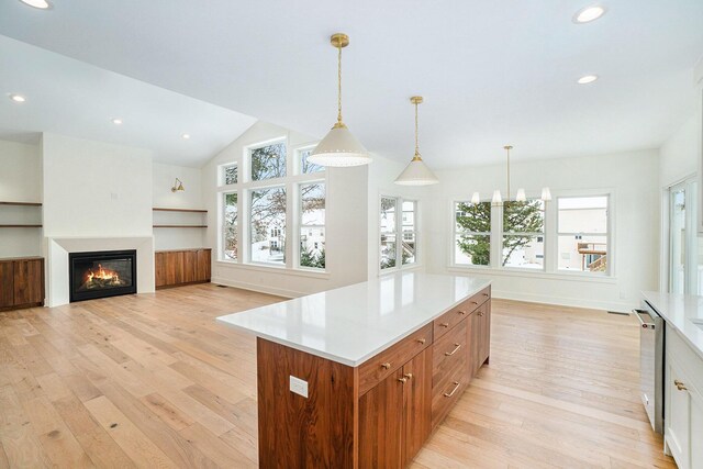 kitchen featuring a fireplace, a healthy amount of sunlight, and light hardwood / wood-style floors