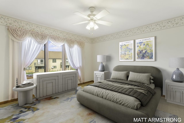 carpeted bedroom featuring ceiling fan