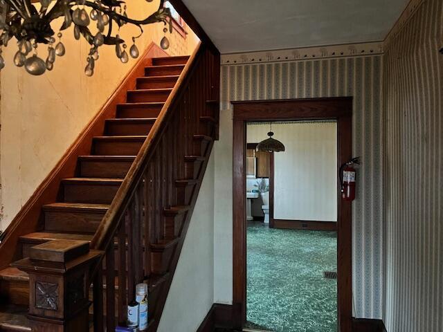 staircase with carpet floors