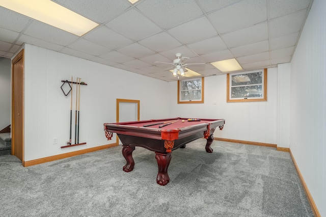 playroom featuring carpet flooring, ceiling fan, a drop ceiling, and pool table