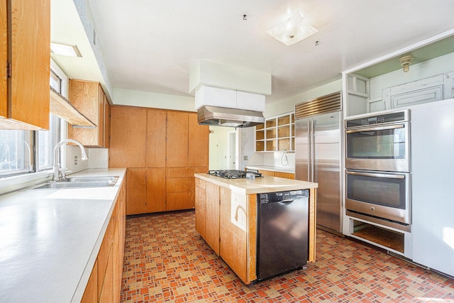 kitchen with ventilation hood, sink, and appliances with stainless steel finishes