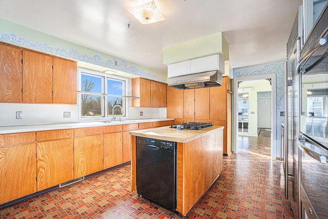 kitchen with stainless steel gas stovetop, dishwasher, a center island, sink, and range hood