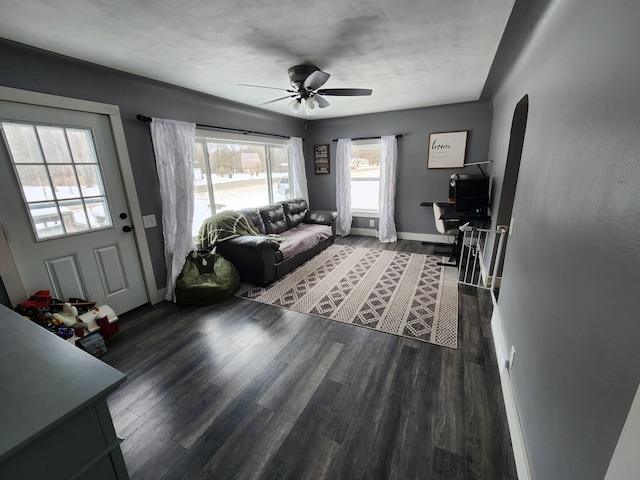 living room with ceiling fan and dark hardwood / wood-style flooring