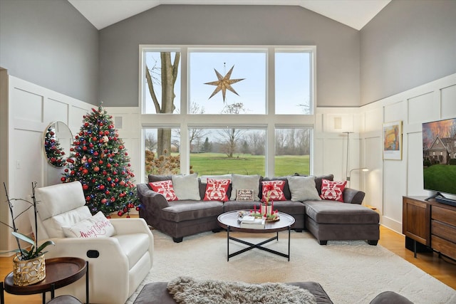 living room featuring light hardwood / wood-style flooring and vaulted ceiling