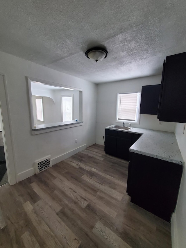 kitchen featuring light stone countertops, a textured ceiling, dark hardwood / wood-style flooring, and sink