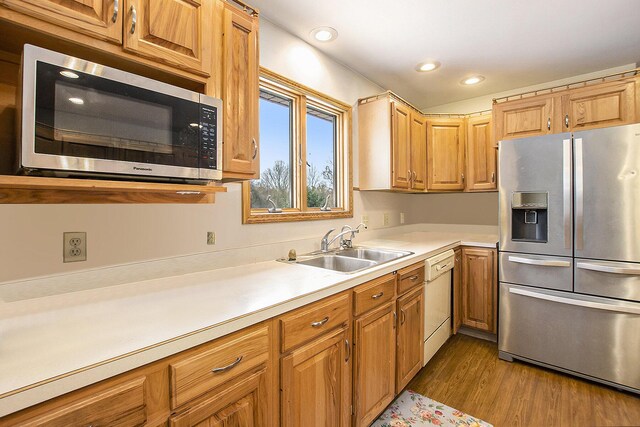 kitchen with hardwood / wood-style floors, stainless steel appliances, and sink