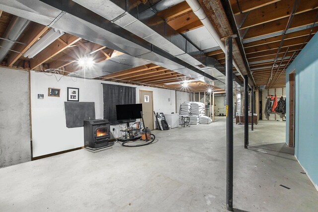 basement with a wood stove