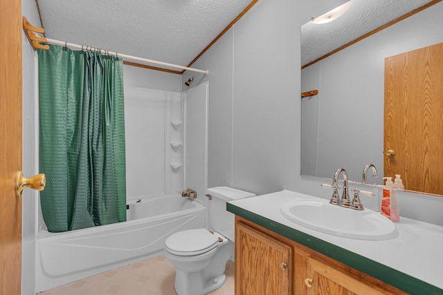 full bathroom with vanity, a textured ceiling, shower / bathtub combination with curtain, and ornamental molding