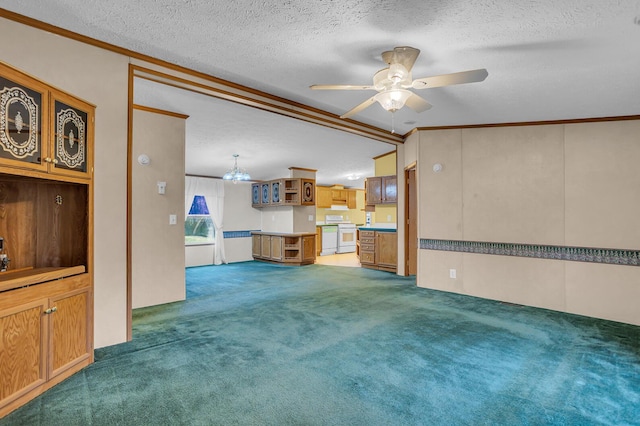 unfurnished living room with dark carpet and a textured ceiling