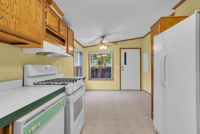 kitchen featuring lofted ceiling, white appliances, ceiling fan, ornamental molding, and light colored carpet