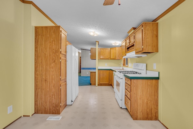 kitchen featuring ceiling fan, sink, a textured ceiling, white appliances, and ornamental molding