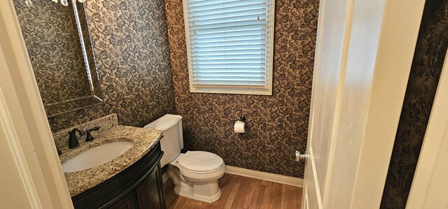 bathroom with vanity, hardwood / wood-style flooring, and toilet