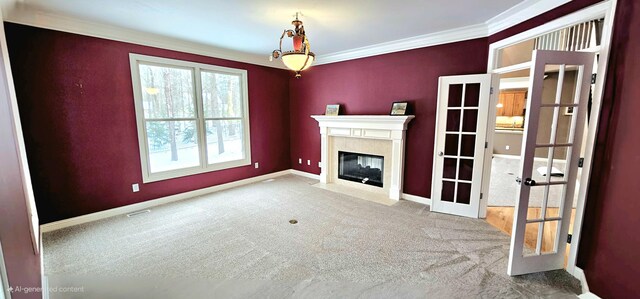 unfurnished living room featuring carpet flooring, french doors, a high end fireplace, and ornamental molding