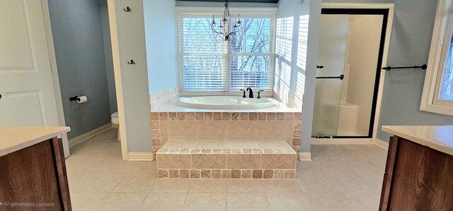 full bathroom with vanity, plus walk in shower, an inviting chandelier, tile patterned flooring, and toilet