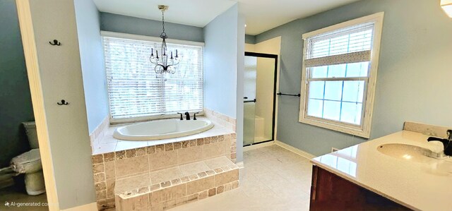 full bathroom with vanity, tile patterned floors, separate shower and tub, toilet, and a notable chandelier