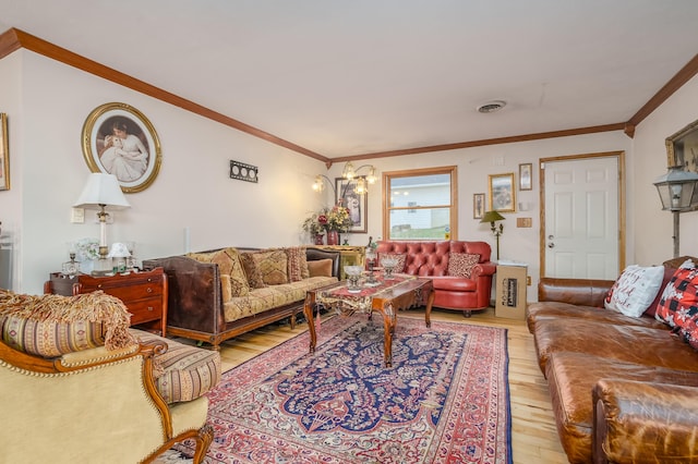 living room featuring light hardwood / wood-style floors and crown molding