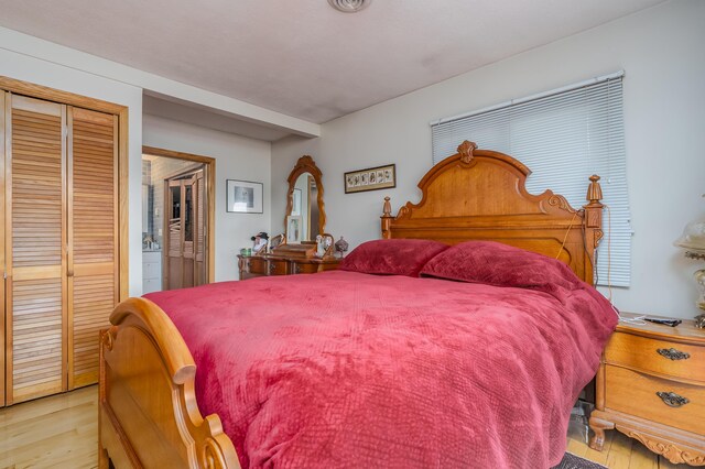 bedroom with light wood-type flooring and a closet