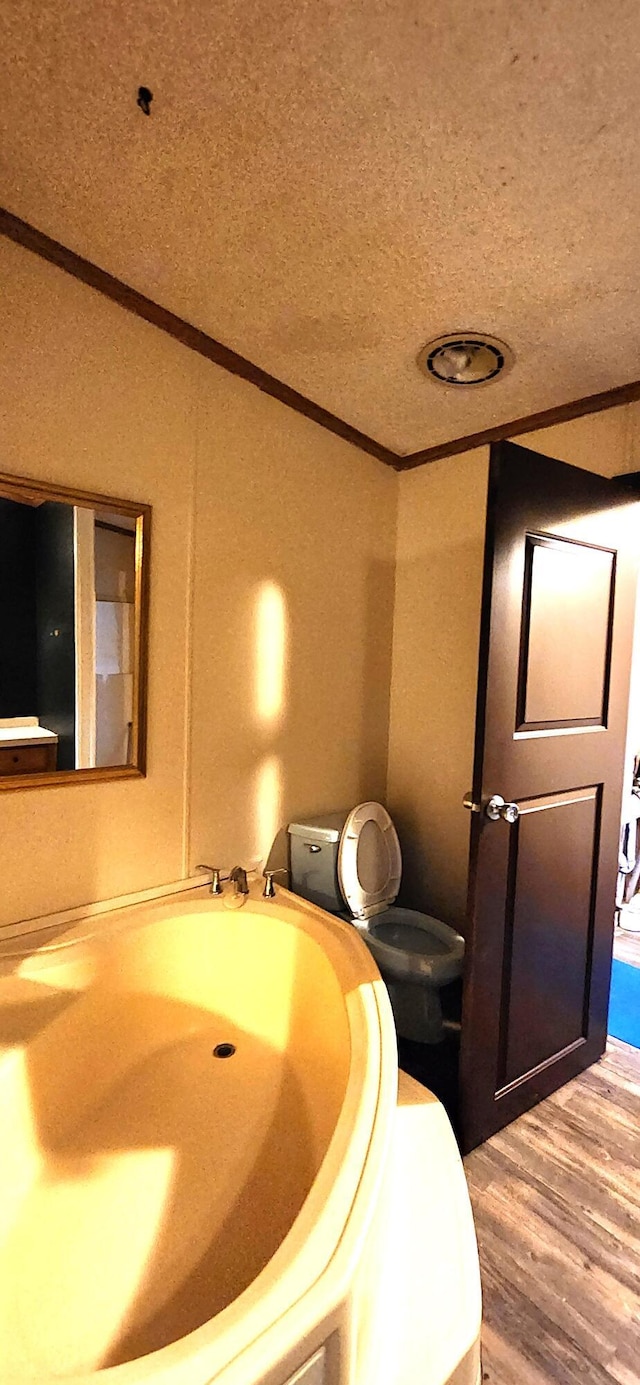 bathroom featuring crown molding, wood-type flooring, and a textured ceiling