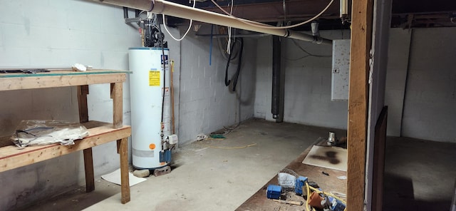 basement featuring a workshop area and gas water heater