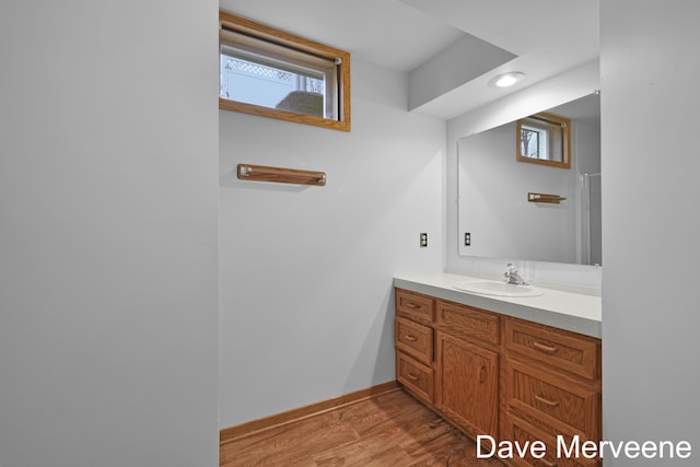 bathroom with plenty of natural light, vanity, and wood-type flooring