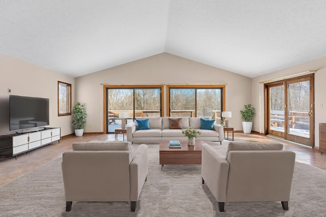 living room with lofted ceiling and a textured ceiling