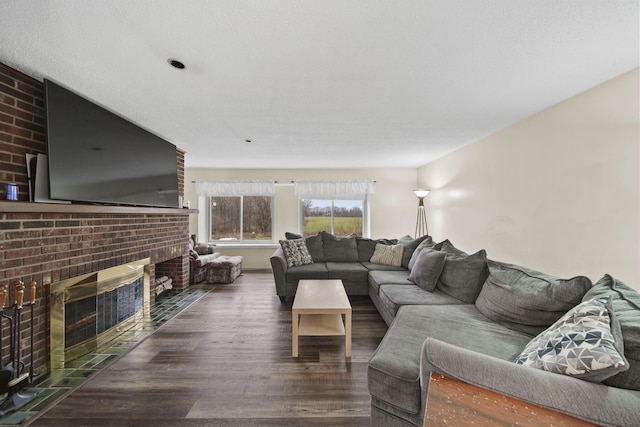 living room featuring a fireplace and dark wood-type flooring