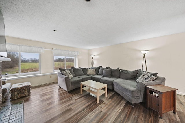 living room featuring dark hardwood / wood-style flooring and a textured ceiling