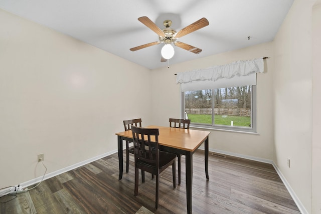 dining room featuring dark hardwood / wood-style flooring and ceiling fan