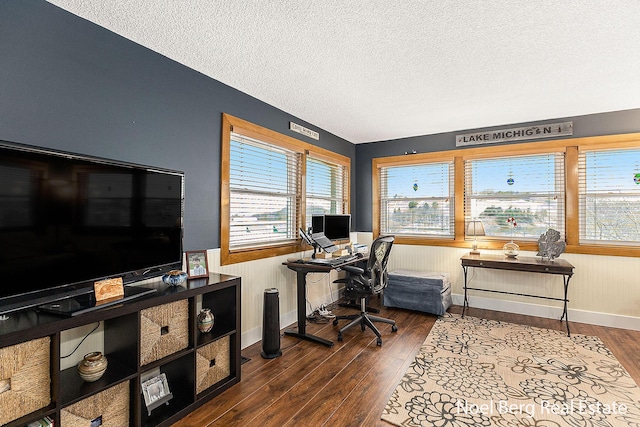 office space featuring a wealth of natural light, wooden walls, dark wood-type flooring, and a textured ceiling