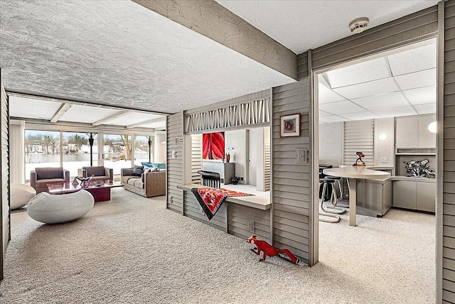 living room featuring carpet flooring and wood walls