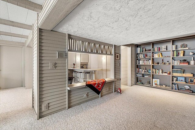 misc room featuring carpet flooring and wooden walls