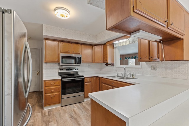 kitchen featuring appliances with stainless steel finishes, light hardwood / wood-style floors, kitchen peninsula, and sink