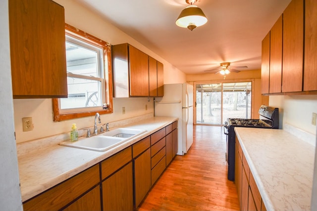 kitchen featuring black stove, light wood-type flooring, ceiling fan, sink, and white fridge