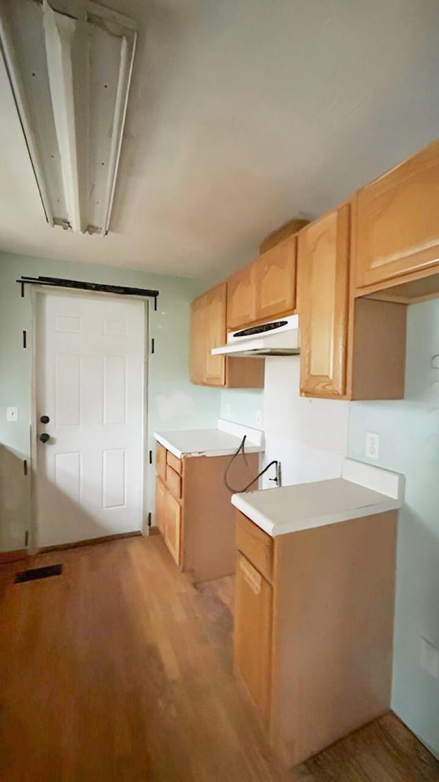 kitchen with light brown cabinets and light wood-type flooring