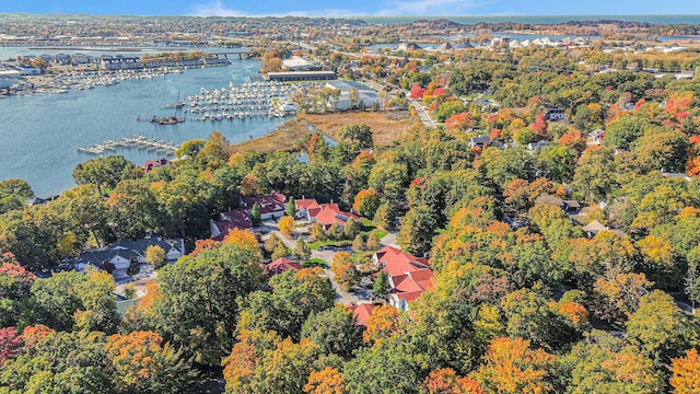 bird's eye view with a water view