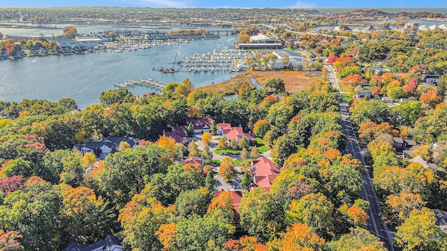 drone / aerial view featuring a water view