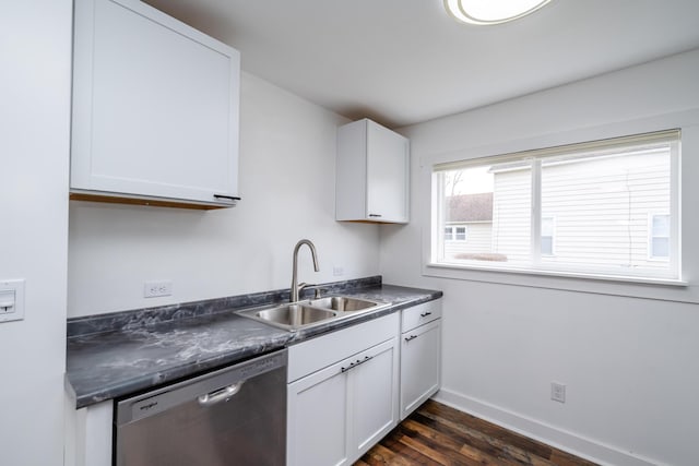 kitchen featuring white cabinetry, stainless steel dishwasher, dark hardwood / wood-style floors, and sink