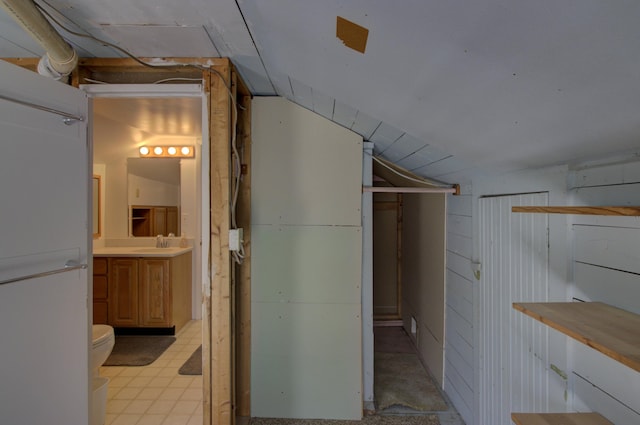 basement featuring wood walls and sink