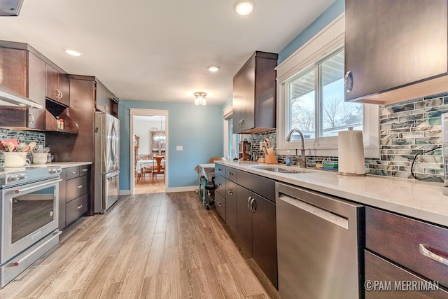 kitchen with tasteful backsplash, dark brown cabinetry, light hardwood / wood-style flooring, and stainless steel appliances