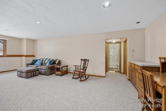 carpeted living room with a textured ceiling