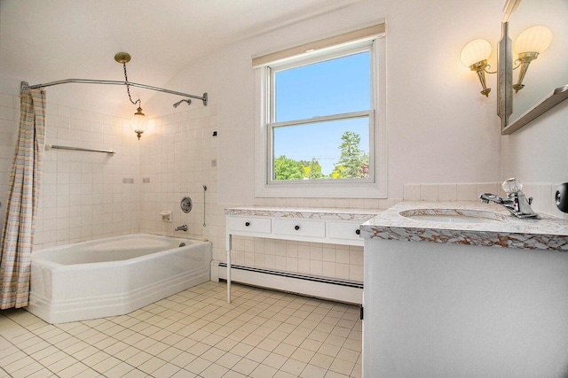 bathroom with shower / tub combo, vanity, a baseboard radiator, and tile patterned floors